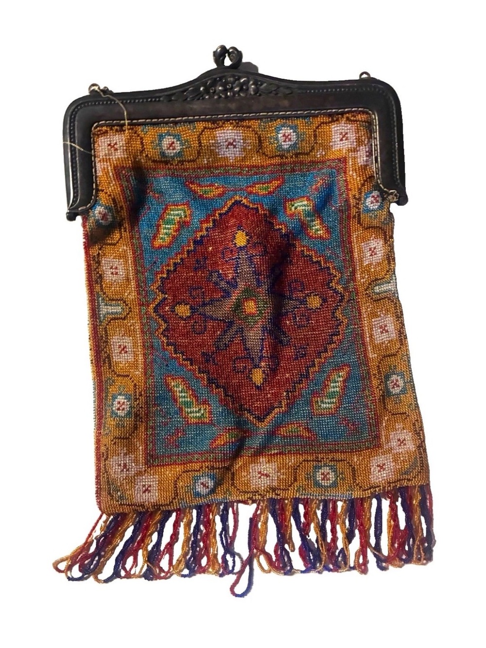 Vintage Art Deco Glass Beaded Fringe flapper Evening Bag in Blue, Gold and Red